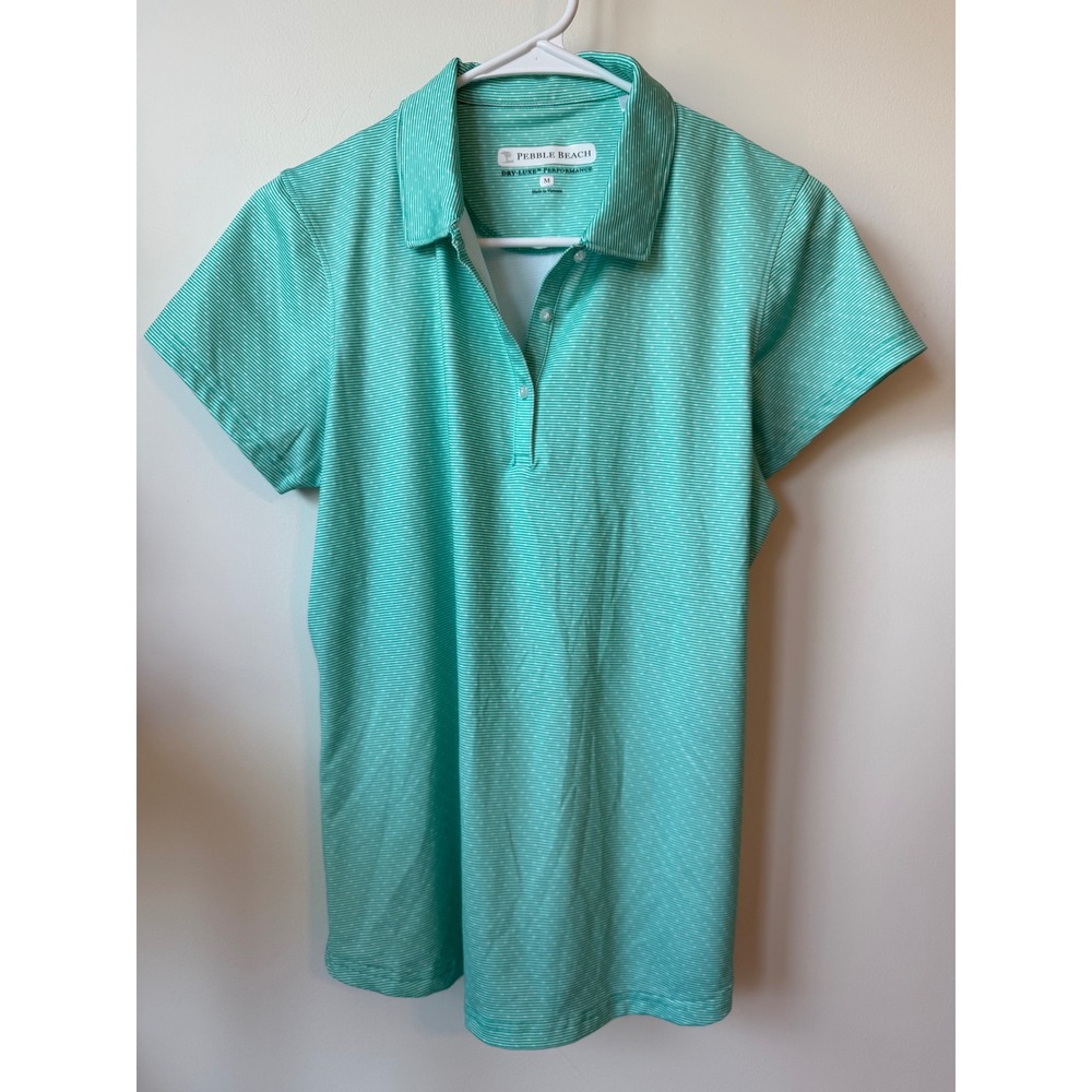Pebble Beach Dry-Luxe Performance Polo Shirt Womens M Green White Striped Golf
